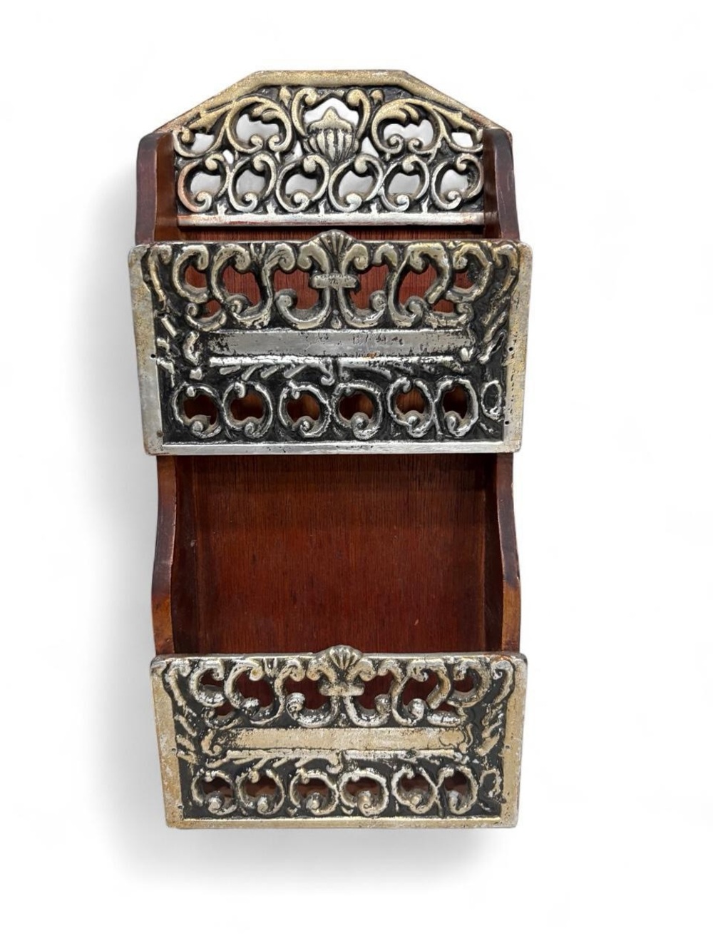 Mail Organizer- Wood & Aluminum, Hand Crafted, Scroll Detail, Vintage 70's